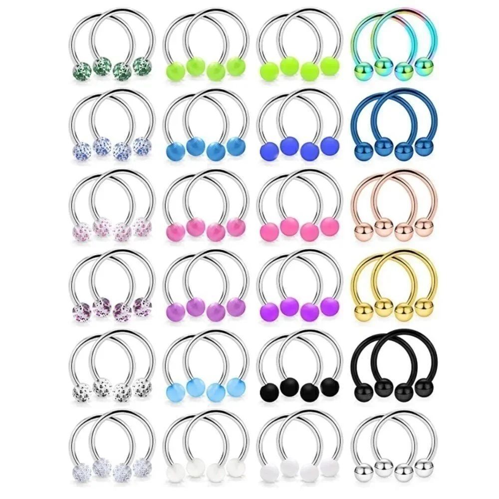 14G 316L Silver and Multi Colored Nipple Rings - Set of 24 - 48 Pcs